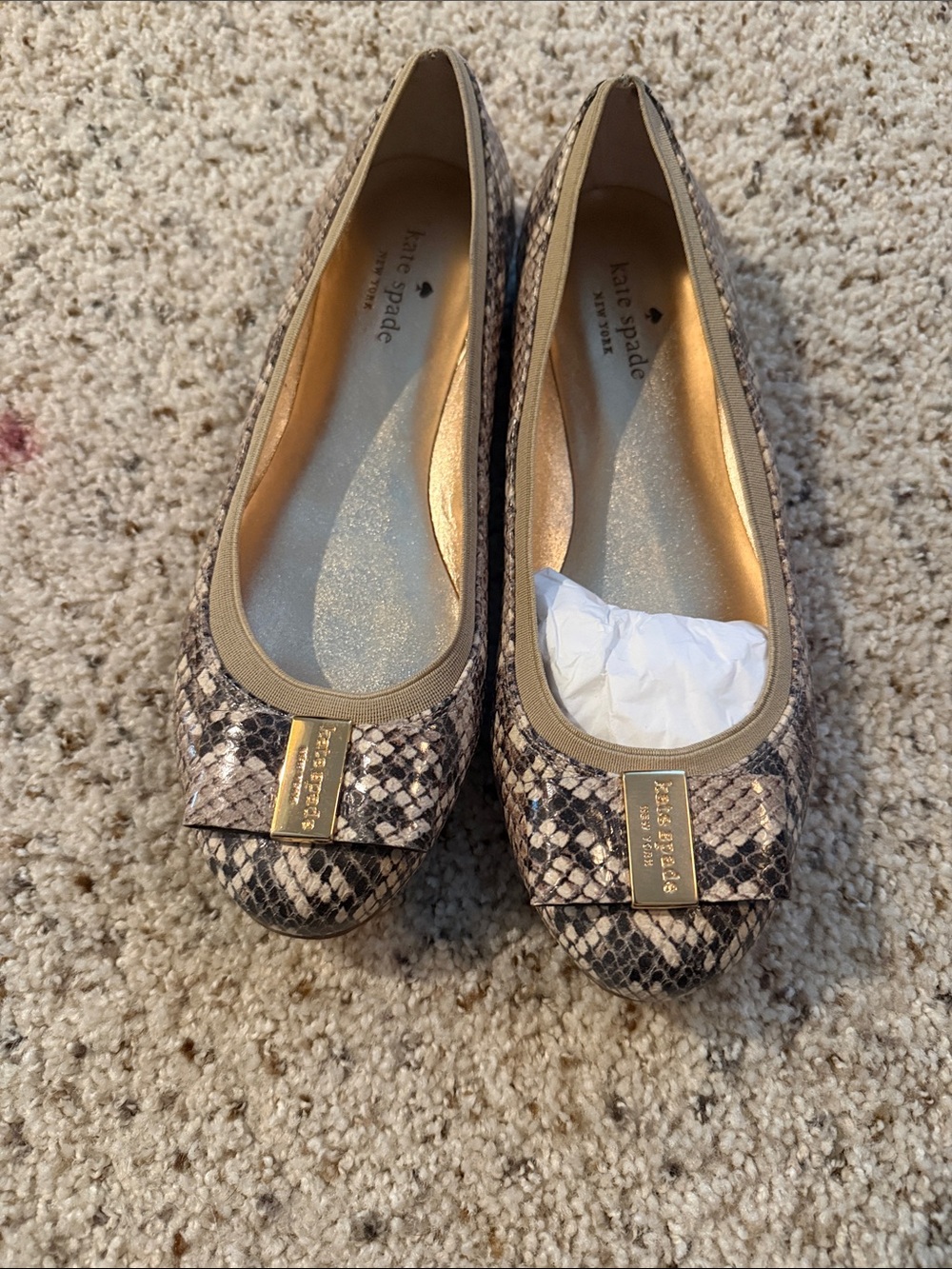 kate spade Neutral Snake-Print Ballet Flats with Gold Plaque
